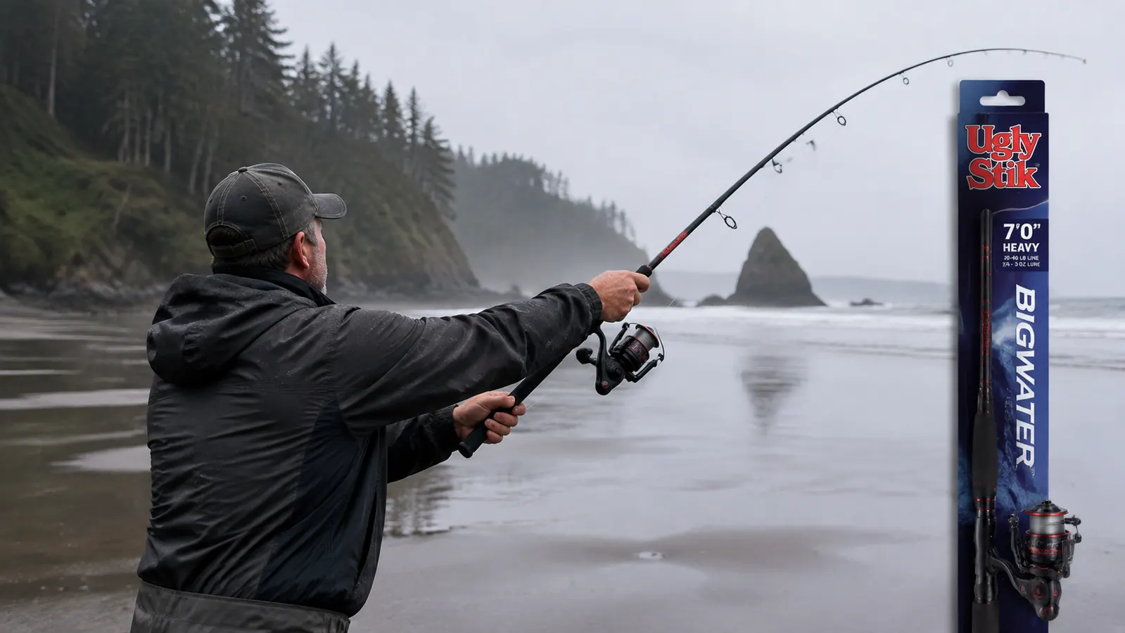 Hands holding a Ugly Stik Bigwater combo in a casting stance on a wide wet beach, monofilament arcing out over the surf