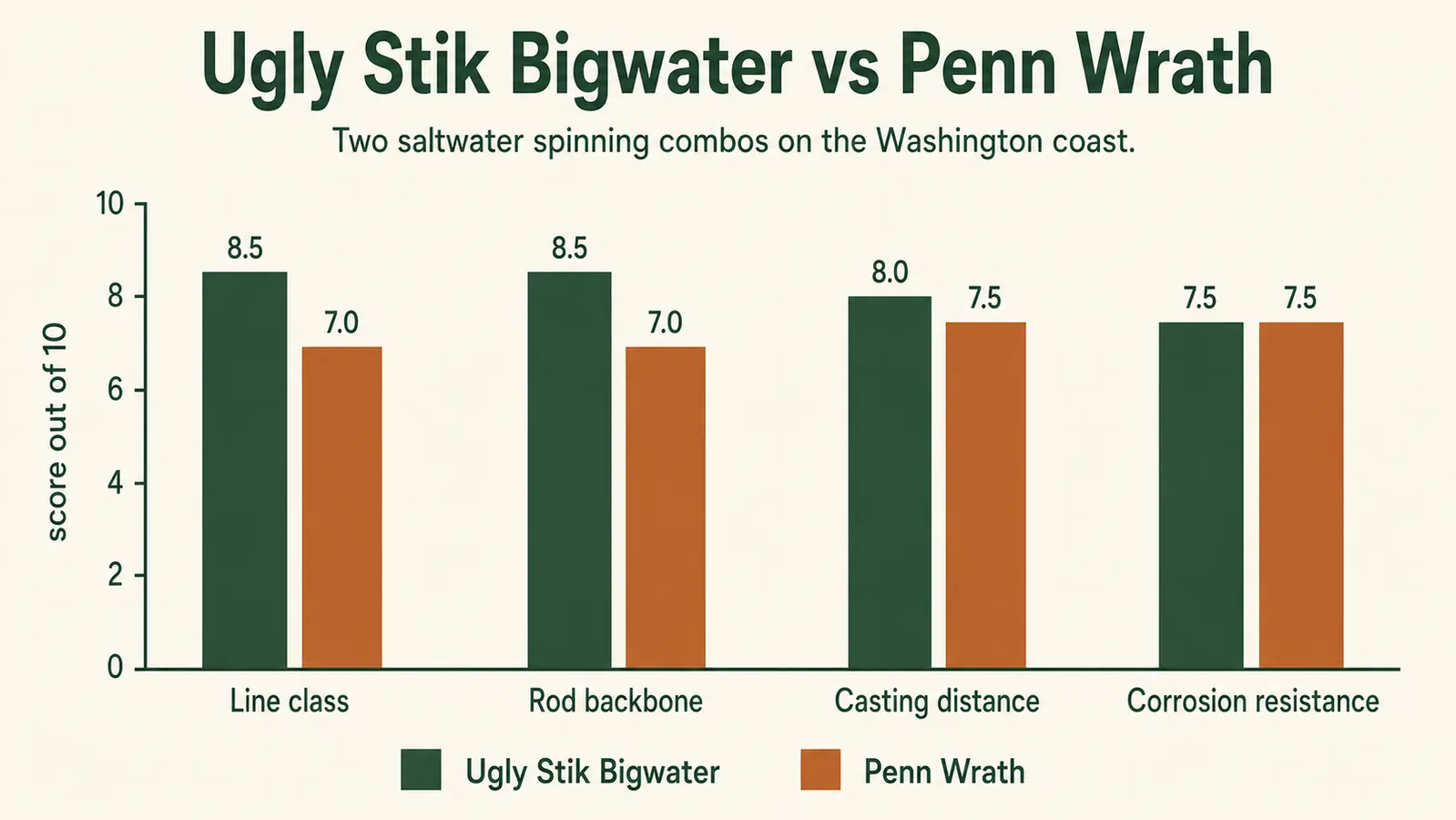 Bar chart comparing the Ugly Stik Bigwater and Penn Wrath saltwater spinning combos on line class, rod backbone, casting distance, and corrosion resistance, with the Bigwater scoring higher on line class and backbone