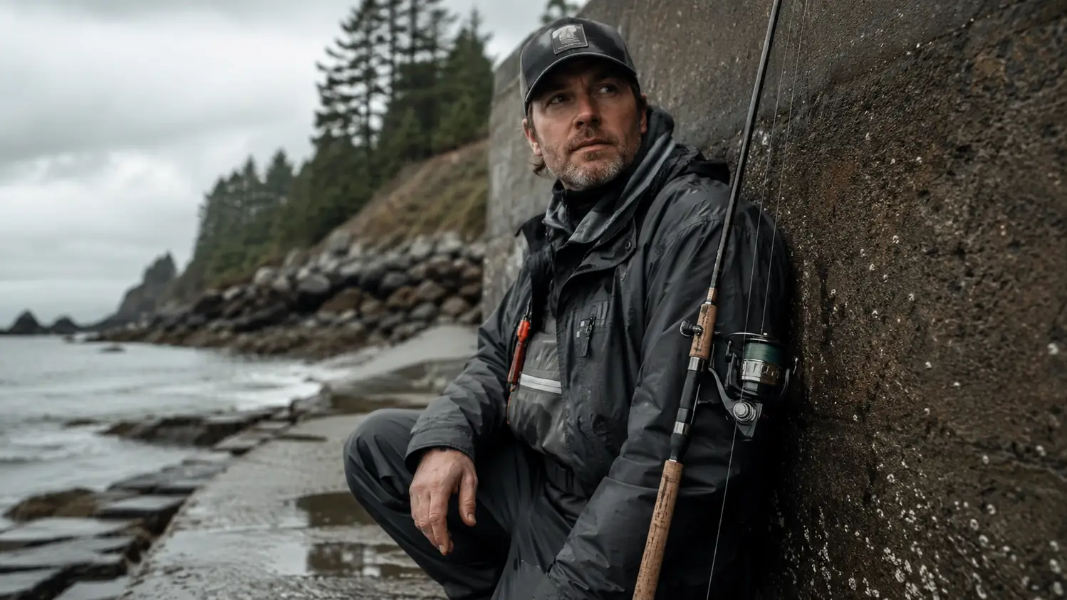 A spinning rod and reel combo leaning against a pitted concrete jetty beside a gray Pacific Ocean, mushroom clouds of spray in the distance